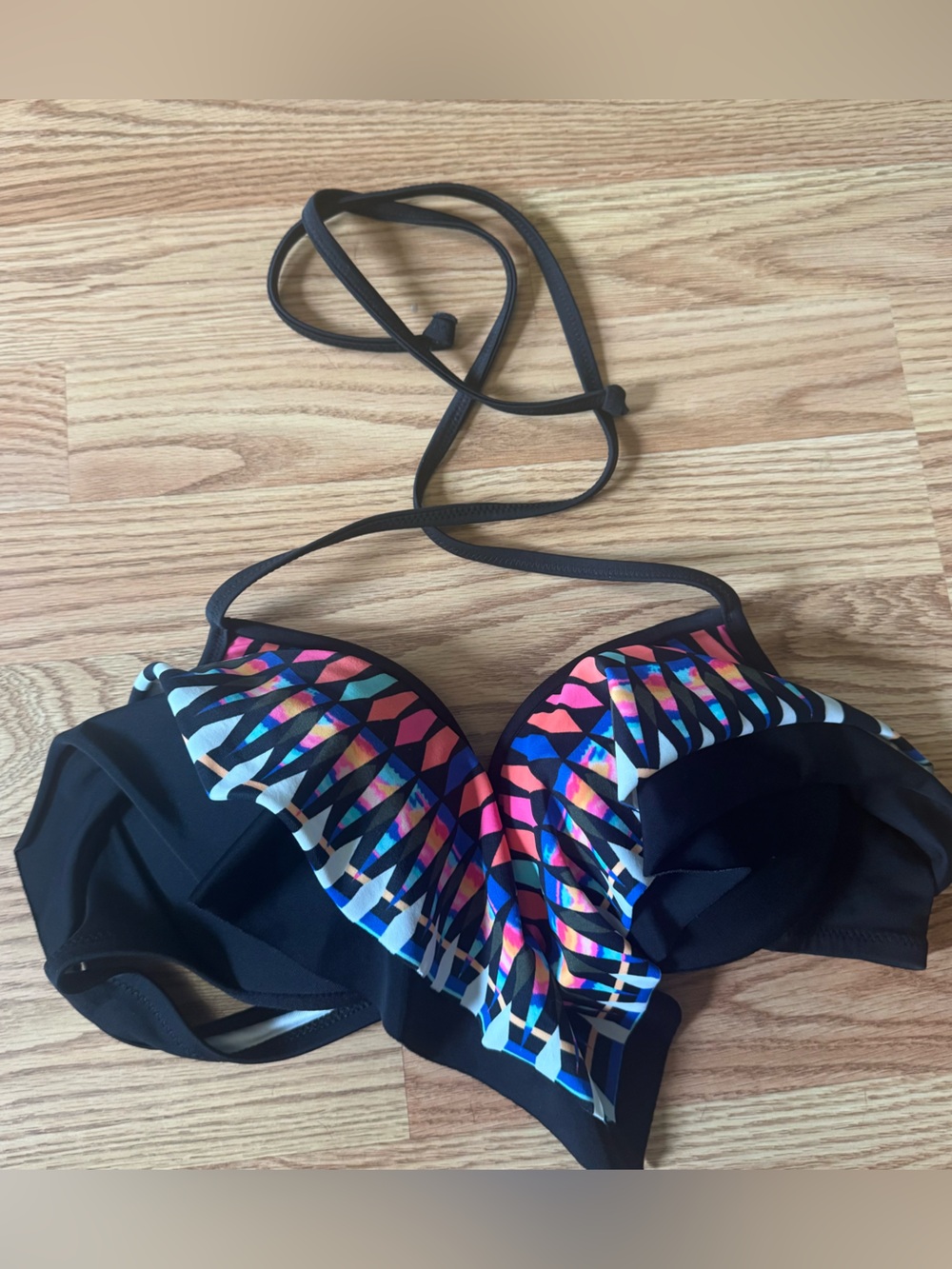 Victoria's Secret Black Bikini Top with Pink, Blue, White Geometric Print
